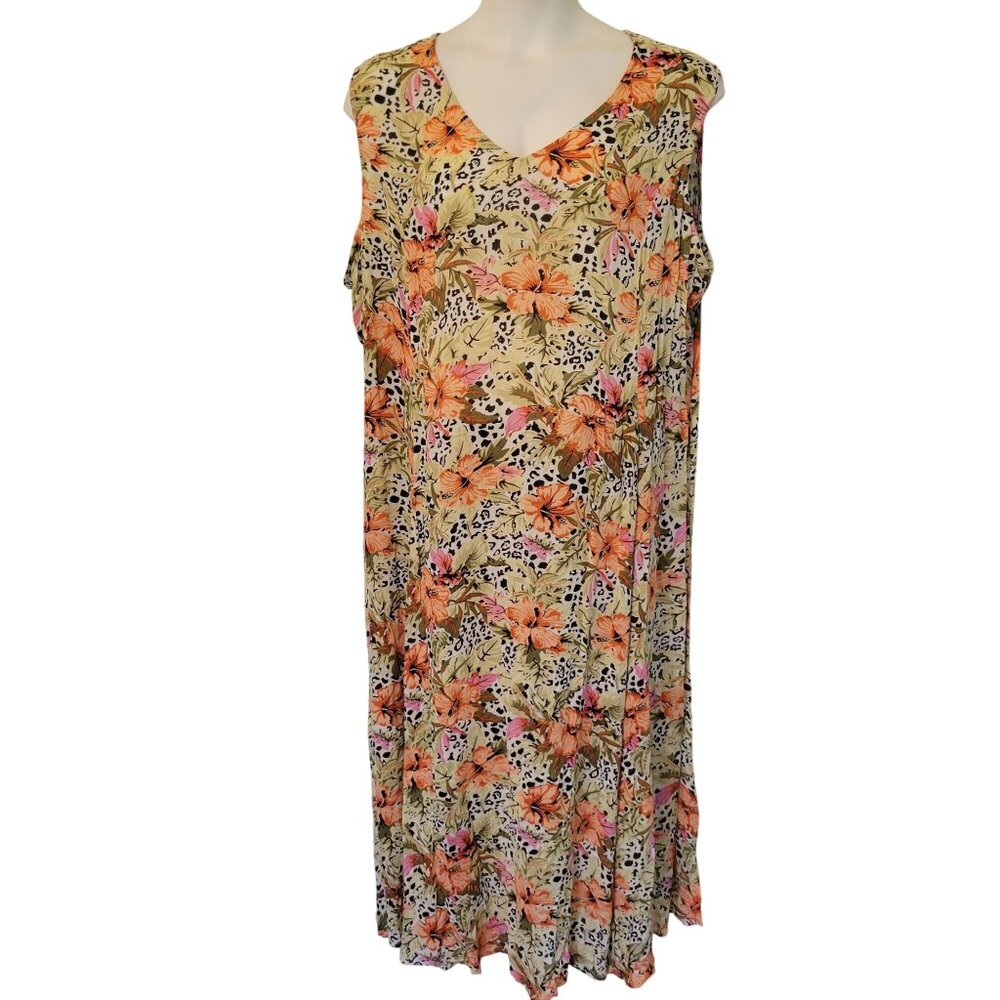 Woman Within 2X Sleeveless V Neck Dress Animal Floral Print Lightweight Rayon Su